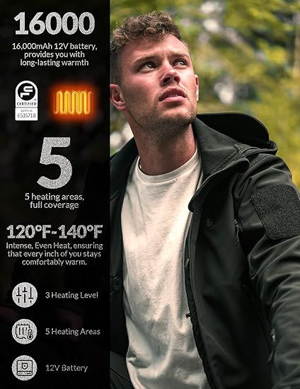 Heated Jacket for Men Soft Shell Heating Hood Jacket ANTARCTICA GEAR Winter Coat For Hunting Camping Climbing Doba